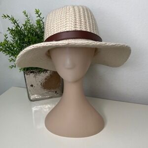 Altar'd State Beige Knit Fedora‎ Hat with Brown Faux Leather Band One Size